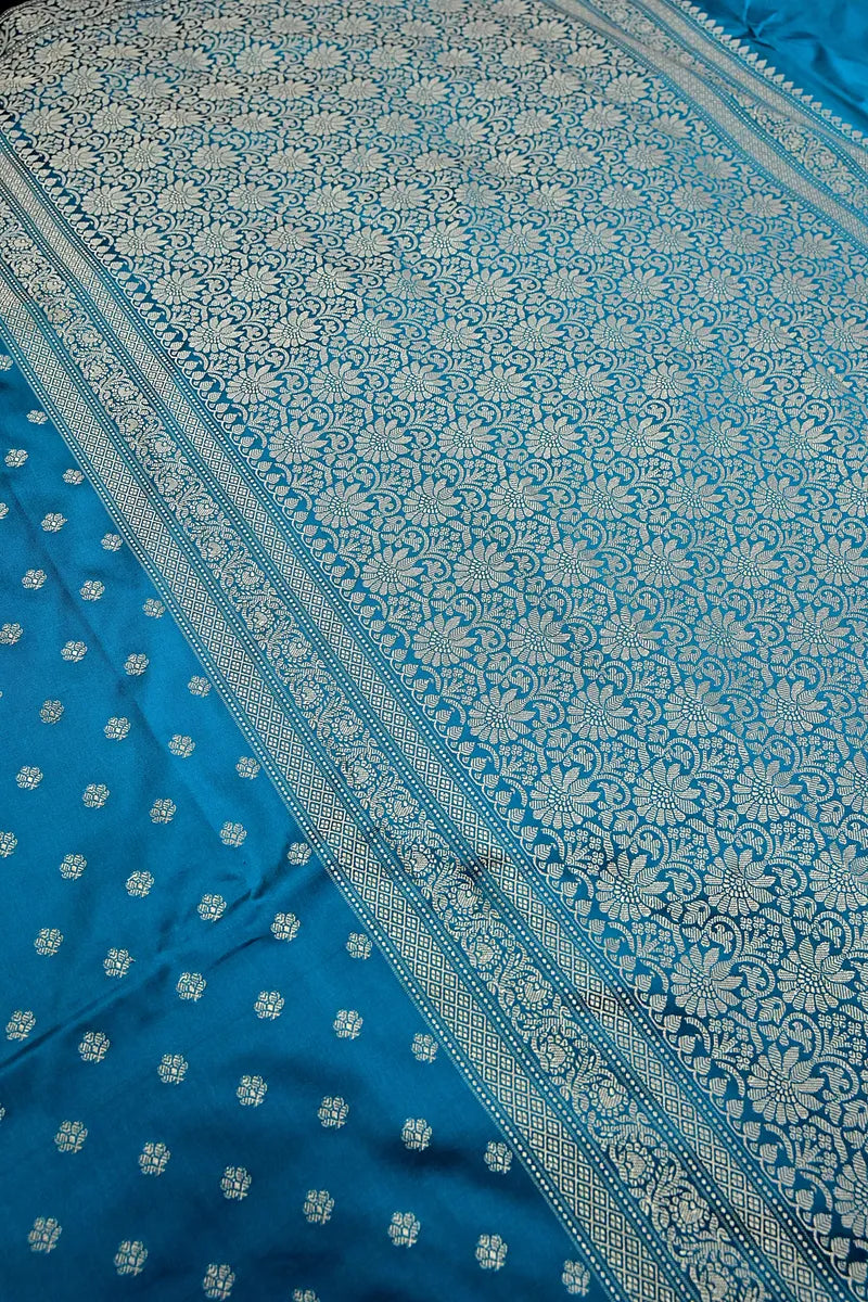 Teal Blue Silk Saree with Heavy Golden Zari Pallu & Floral Border(RLSS-136)