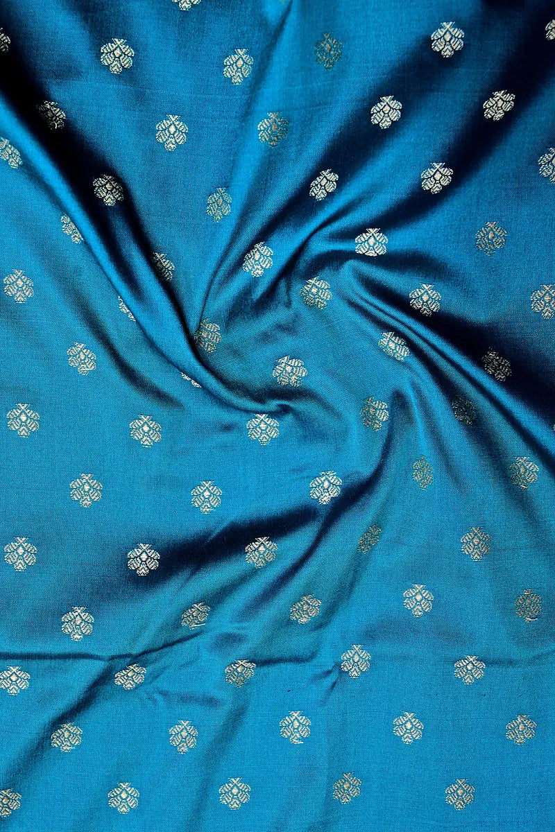 Teal Blue Silk Saree with Heavy Golden Zari Pallu & Floral Border(RLSS-136)