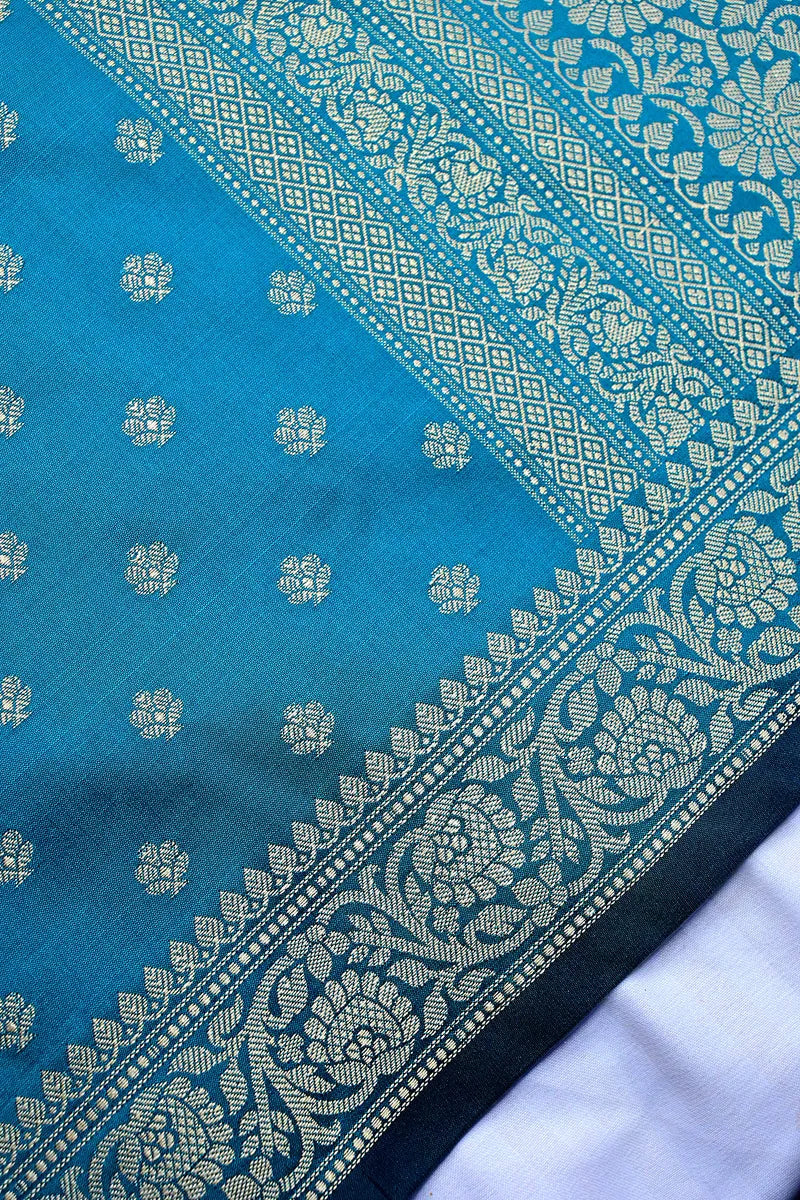 Teal Blue Silk Saree with Heavy Golden Zari Pallu & Floral Border(RLSS-136)