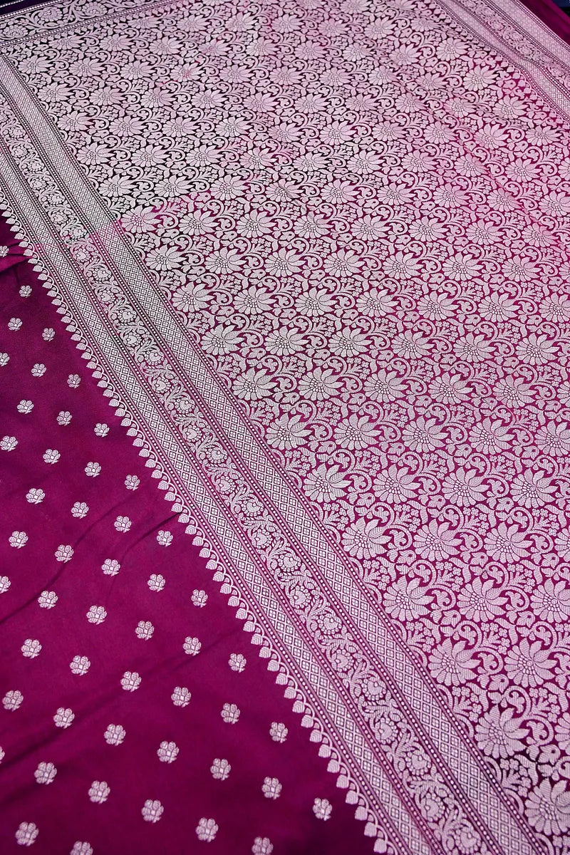 Deep Wine Banarasi Kataan Silk Saree with Golden Zari Floral Butis & Woven Border(RLSS-134)