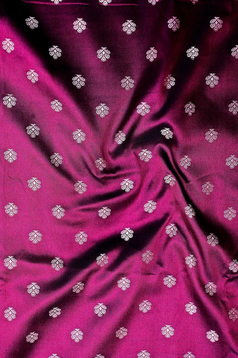 Deep Wine Banarasi Kataan Silk Saree with Golden Zari Floral Butis & Woven Border(RLSS-134)