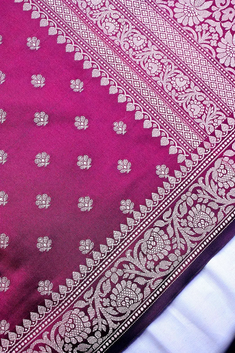 Deep Wine Banarasi Kataan Silk Saree with Golden Zari Floral Butis & Woven Border(RLSS-134)