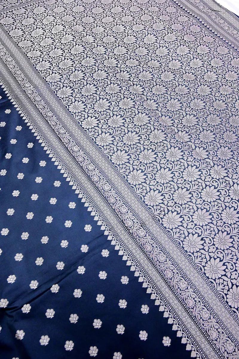 Navy Blue Banarasi Kataan Silk Saree with Golden Zari Floral Butis & Woven Border(RLSS-135)