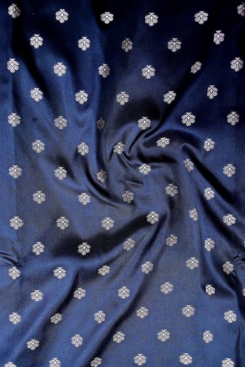 Navy Blue Banarasi Kataan Silk Saree with Golden Zari Floral Butis & Woven Border(RLSS-135)