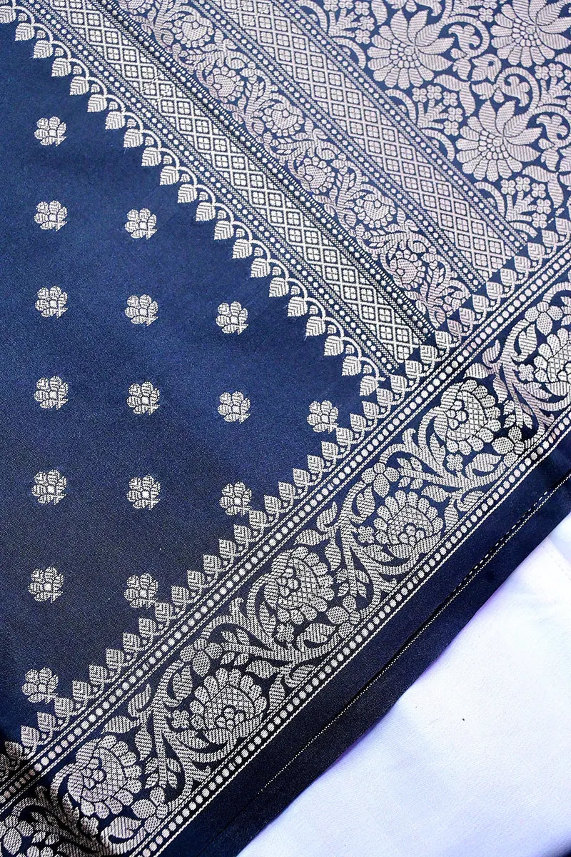 Navy Blue Banarasi Kataan Silk Saree with Golden Zari Floral Butis & Woven Border(RLSS-135)