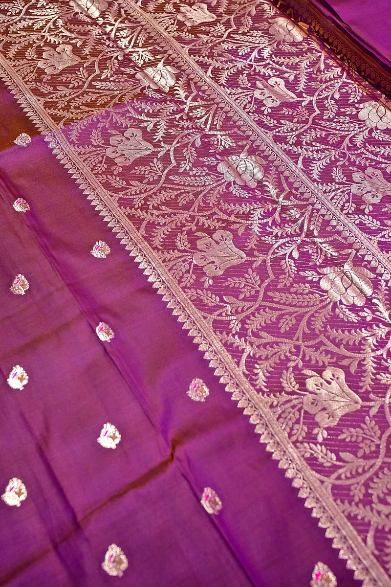 Deep Plum Banarasi Kataan Silk Saree with Antique Zari Floral Border & Butis (RLSS-142)