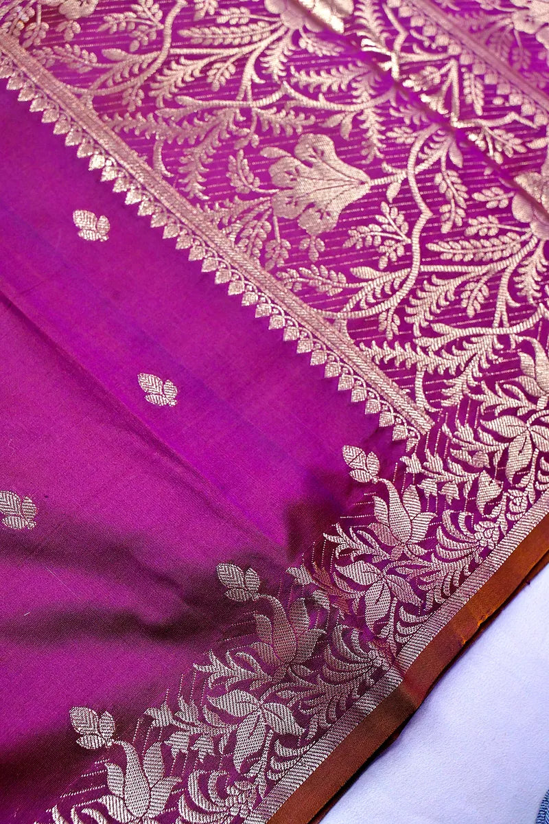 Deep Wine Handloom Katan Silk Saree Featuring Intricate Gold Zari Weaving (RLSS-145)