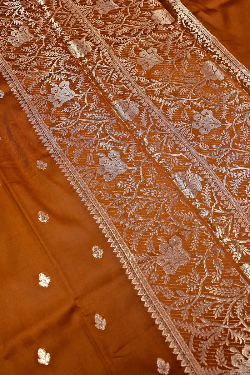 Rich Chocolate Brown Banarasi Kataan Silk Saree with Antique Zari Floral Border & Butis (RLSS-143)