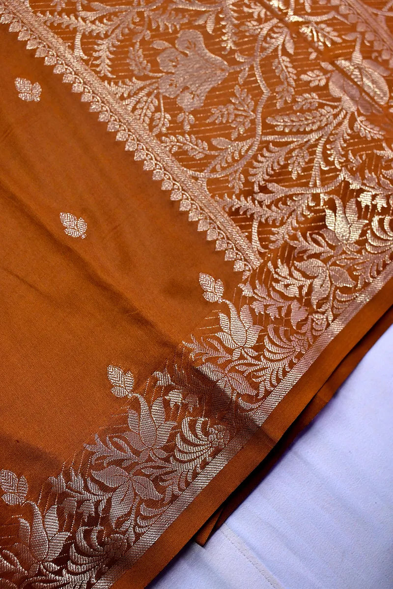 Rich Chocolate Brown Banarasi Kataan Silk Saree with Antique Zari Floral Border & Butis (RLSS-143)