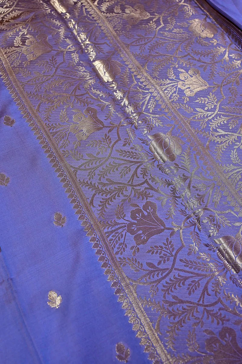Pastel Slate Violet Banarasi Kataan Silk Saree featuring Delicate Leaf Buttis & Woven Zari Border (RLSS-149)