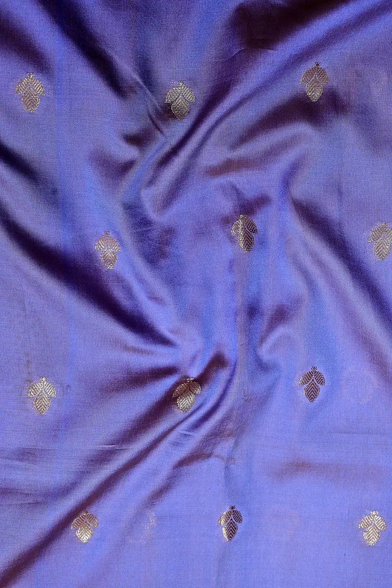 Pastel Slate Violet Banarasi Kataan Silk Saree featuring Delicate Leaf Buttis & Woven Zari Border (RLSS-149)