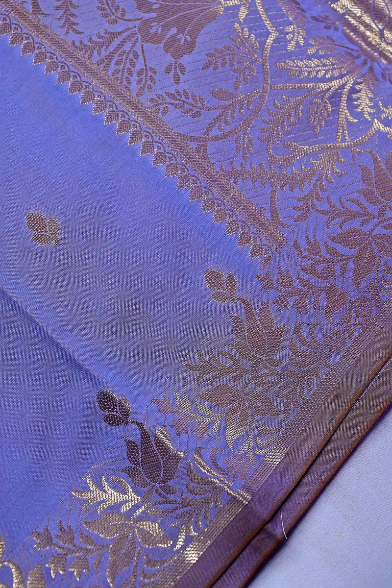 Pastel Slate Violet Banarasi Kataan Silk Saree featuring Delicate Leaf Buttis & Woven Zari Border (RLSS-149)