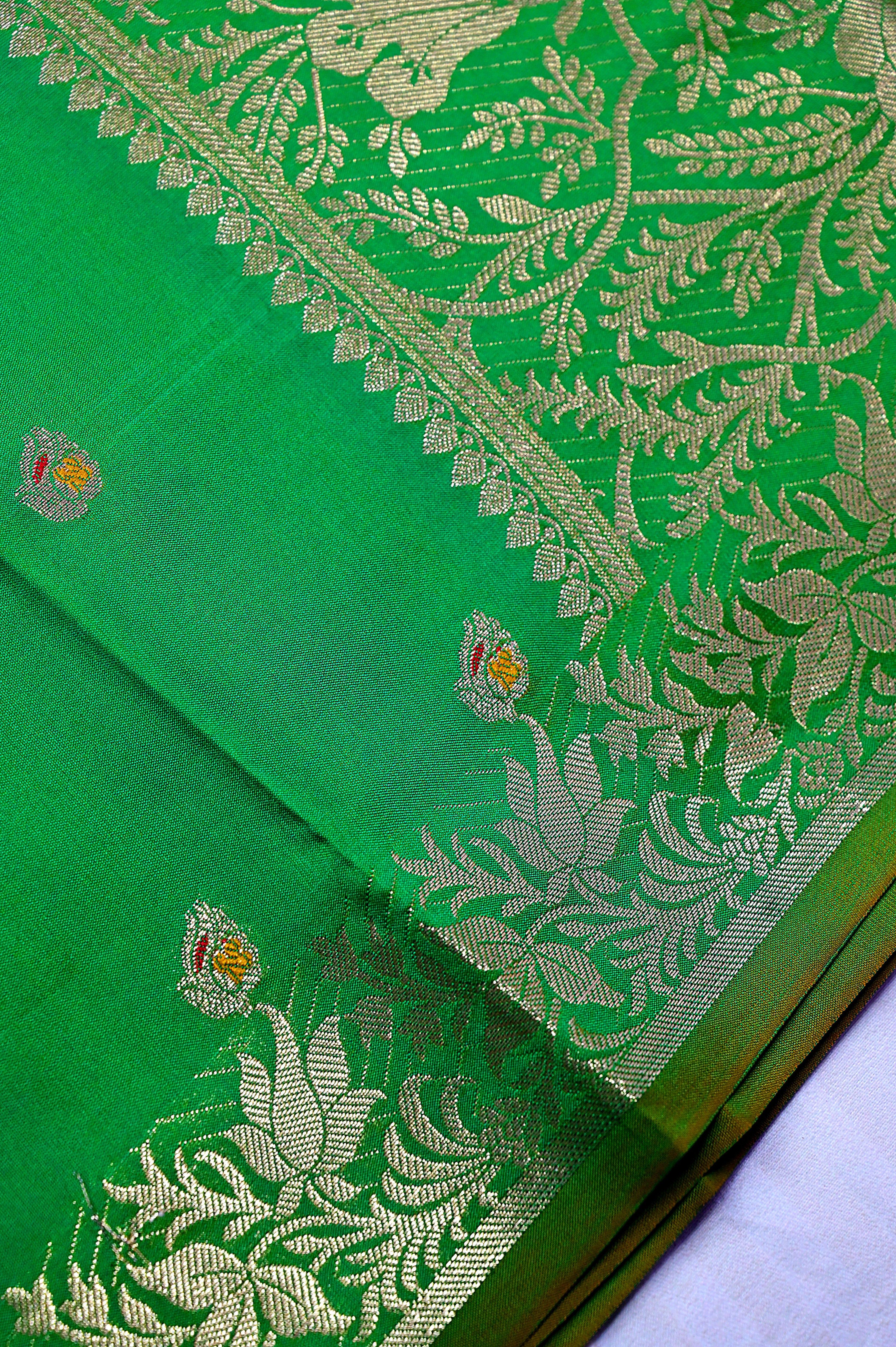 Emerald Green Banarasi Kataan  Silk Saree with Meenakari Floral Butis & Woven Border(RLSS-137)