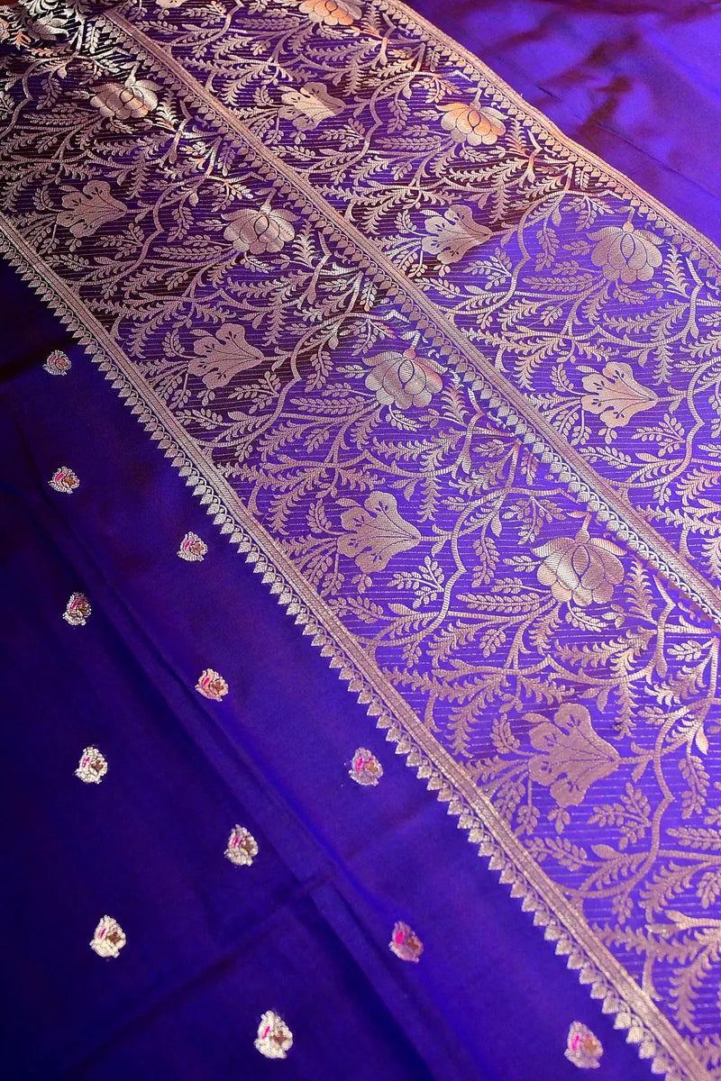 Elegant Royal Purple Banarasi Silk Saree with Antique Gold Zari Floral Border & Small Bootis (RLSS-148)
