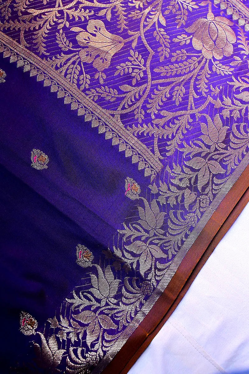 Elegant Royal Purple Banarasi Silk Saree with Antique Gold Zari Floral Border & Small Bootis (RLSS-148)