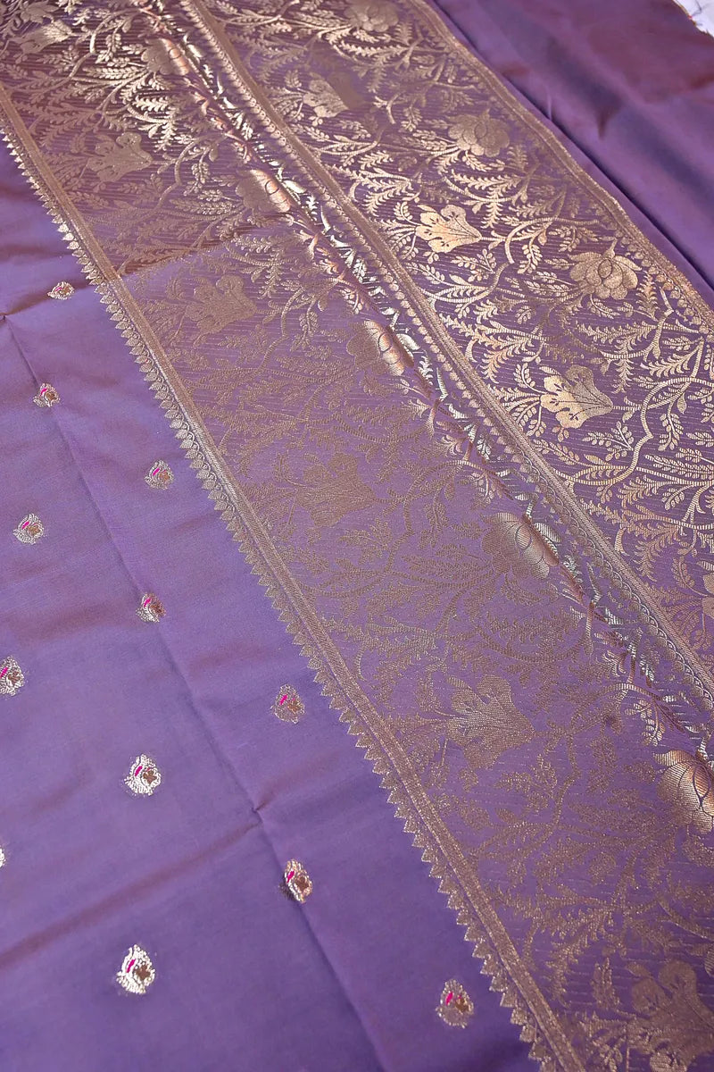 Dusty Violet Soft Banarasi Kataan Silk Saree featuring Intricate Floral Zari Border (RLSS-141)