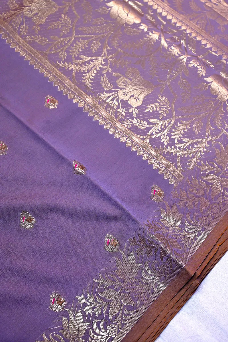 Dusty Violet Soft Banarasi Kataan Silk Saree featuring Intricate Floral Zari Border (RLSS-141)