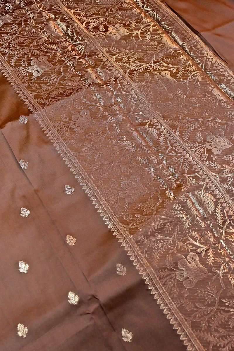 Deep Coffee Brown Soft Banarasi Kataan Silk Saree featuring Delicate Woven Floral Zari Border (RLSS-150)