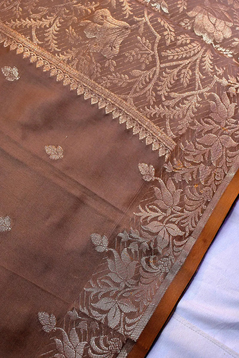 Deep Coffee Brown Soft Banarasi Kataan Silk Saree featuring Delicate Woven Floral Zari Border (RLSS-150)