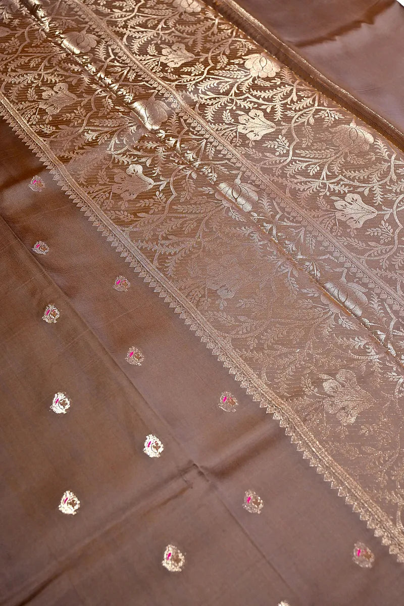 Tawny Coffee Brown Banarasi Kataan Silk Saree featuring Delicate Woven Zari Border & Paisley Buttas(RLSS-151)