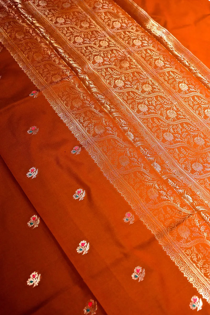 Rust Orange Banarasi Soft Kataan  Silk Saree with Antique Zari Floral Border & Meenakari Butis (RLSS-144)