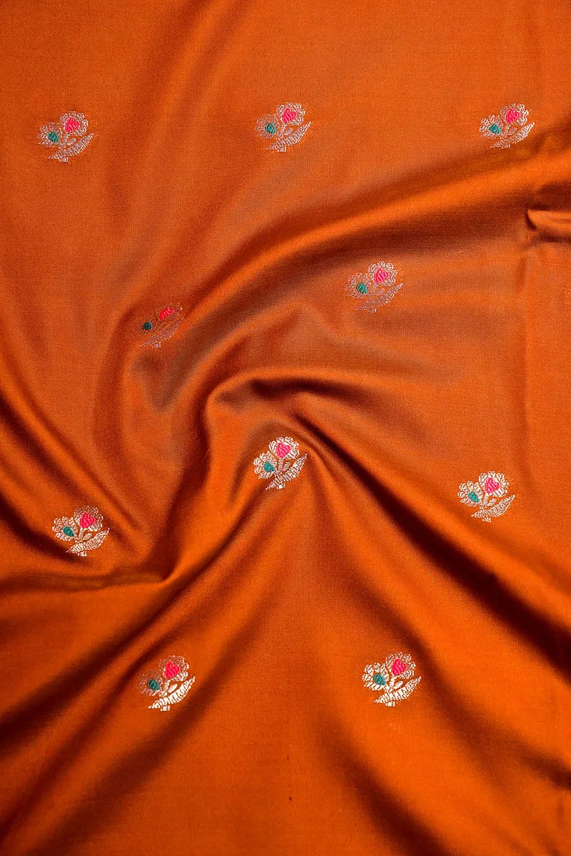 Rust Orange Banarasi Soft Kataan  Silk Saree with Antique Zari Floral Border & Meenakari Butis (RLSS-144)