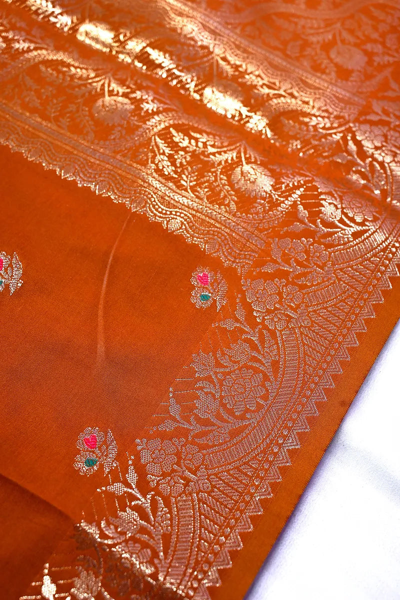 Rust Orange Banarasi Soft Kataan  Silk Saree with Antique Zari Floral Border & Meenakari Butis (RLSS-144)