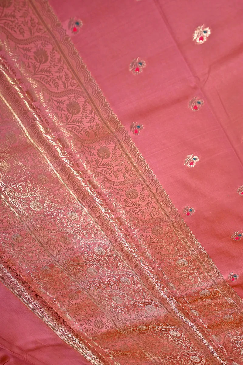 Rust Orange Handloom Banarasi Kataan Silk Saree with Gold Zari Floral Border & Meena Highlights (RLSS-146)