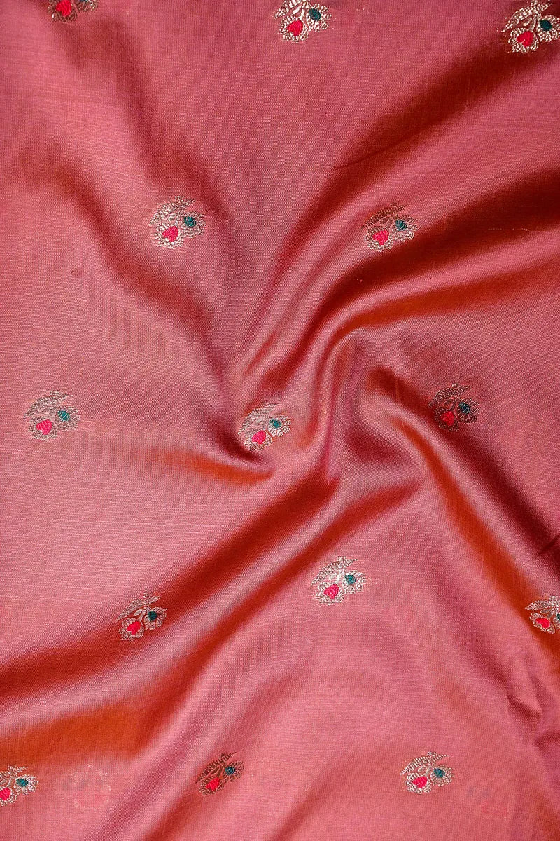 Rust Orange Handloom Banarasi Kataan Silk Saree with Gold Zari Floral Border & Meena Highlights (RLSS-146)