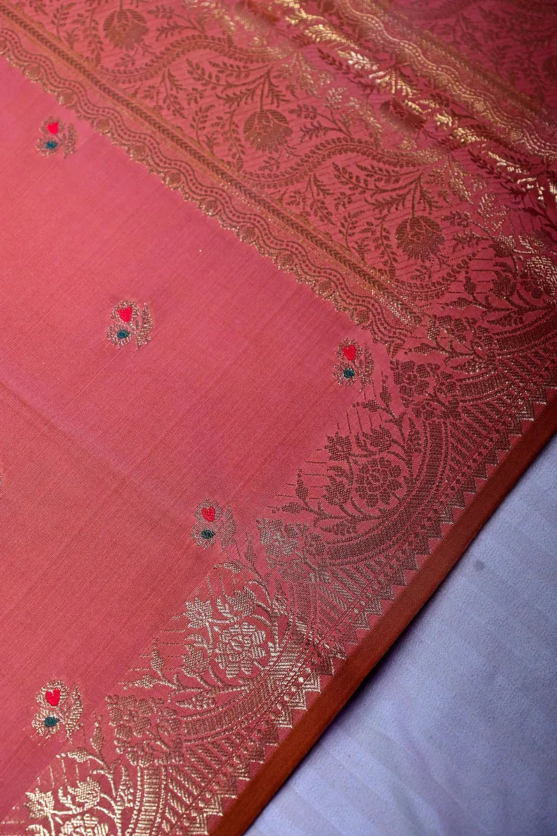 Rust Orange Handloom Banarasi Kataan Silk Saree with Gold Zari Floral Border & Meena Highlights (RLSS-146)