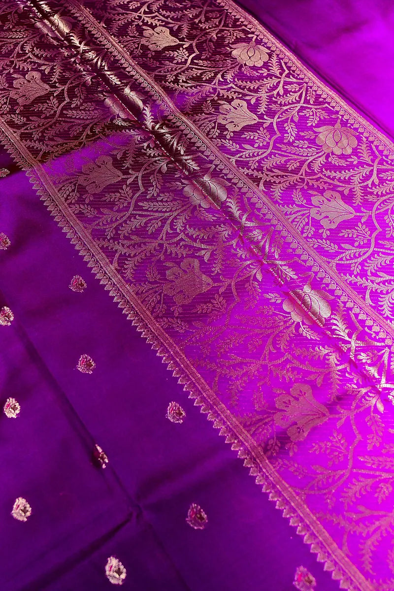 Deep Purple Banarasi Kataan Silk Saree with Golden  Zari Floral Border & Small Bootas(RLSS-139)