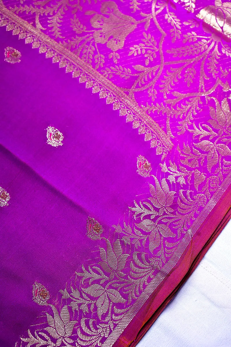 Deep Purple Banarasi Kataan Silk Saree with Golden  Zari Floral Border & Small Bootas(RLSS-139)
