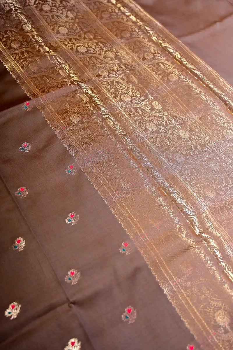 Coffee Brown Banarasi Kataan  Silk Saree with Meenakari Floral Bootis Border (RLSS-140)