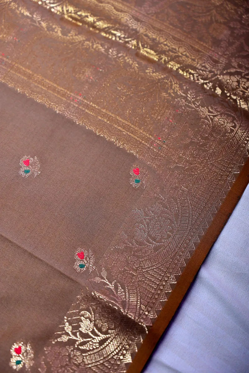 Coffee Brown Banarasi Kataan  Silk Saree with Meenakari Floral Bootis Border (RLSS-140)
