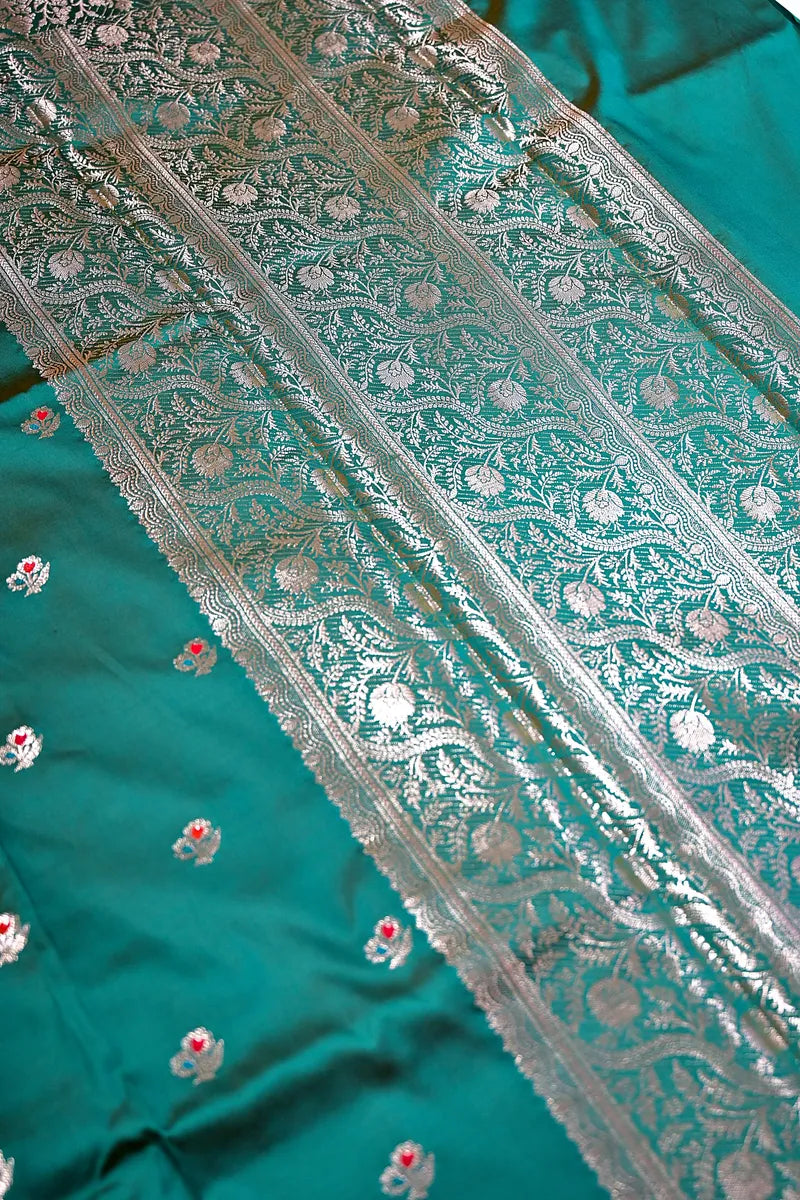 Bottle Green Banarasi Kataan Silk Saree with Meenakari Floral Bootis(RLSS-138)