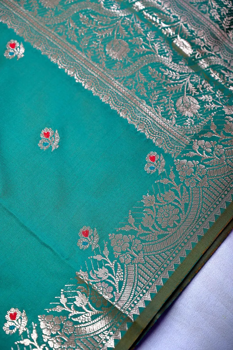 Bottle Green Banarasi Kataan Silk Saree with Meenakari Floral Bootis(RLSS-138)